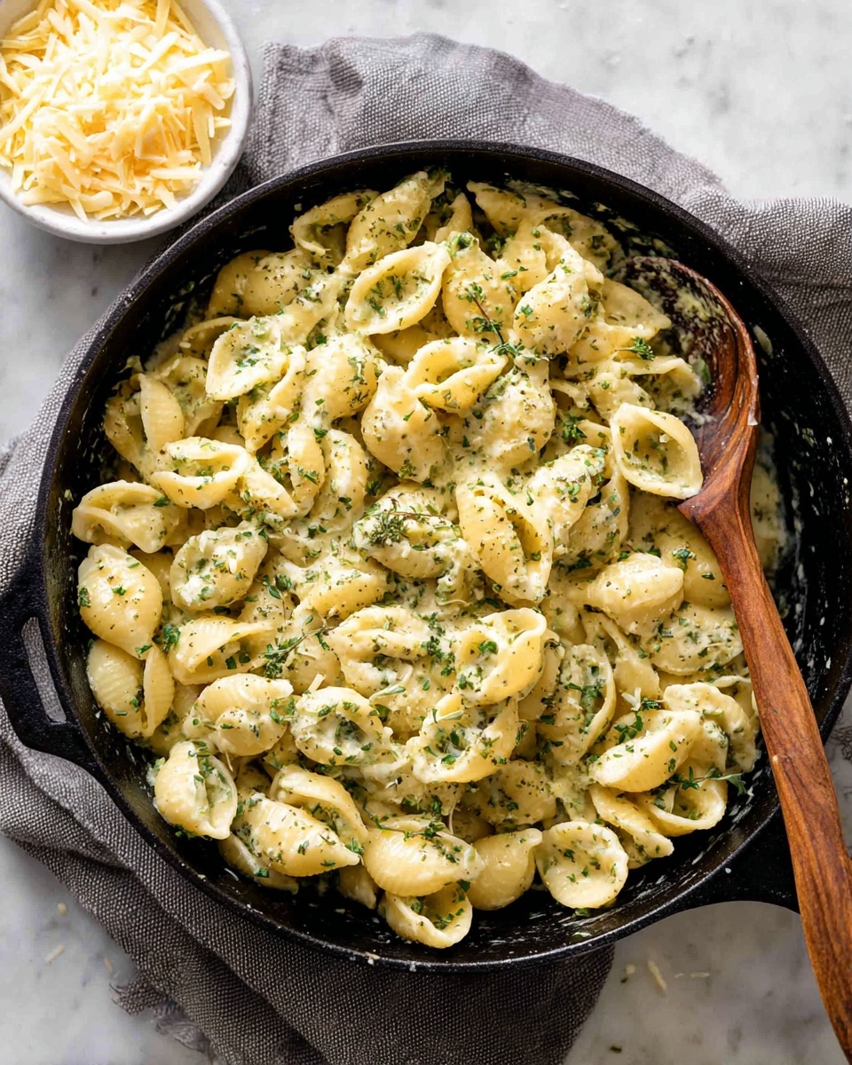 The image shows a round black cast iron pan filled with creamy shell pasta coated in a pale yellow sauce speckled with green herbs. The pasta shells are piled high with a slightly glossy and rich texture. A wooden spoon with a long handle rests inside the pan, partially submerged in the pasta. To the top left of the pan, there is a small white bowl filled with shredded light yellow cheese. The pan sits on a gray cloth on a white marbled surface. The overall look is warm and inviting with a simple, rustic style photo taken with an iphone --ar 4:5 --v 7