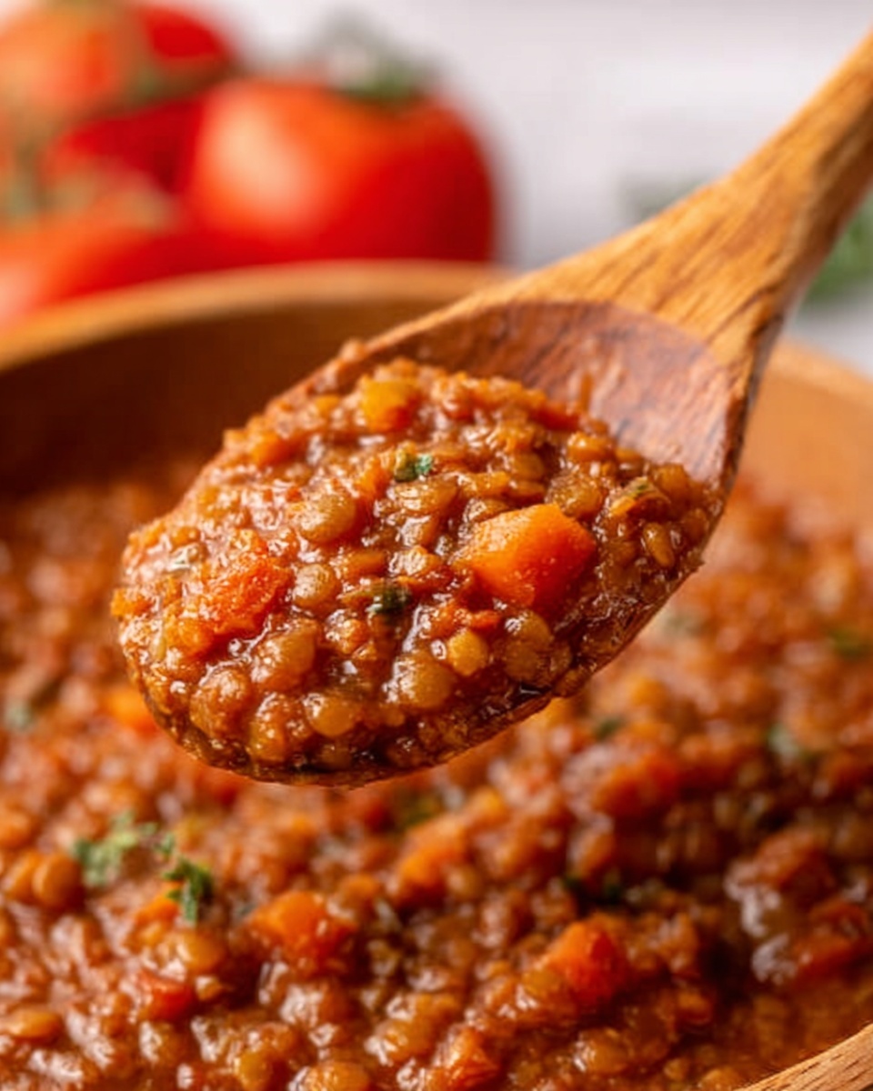 A close-up of a wooden spoon scooping rich, chunky brown lentil stew filled with small pieces of vegetables and thick sauce. The lentil mixture looks soft with a slightly oily surface, showing bits of orange and green from carrots and herbs dispersed throughout. The background features blurred ripe tomatoes with a soft focus, and everything rests on a white marbled surface. photo taken with an iphone --ar 4:5 --v 7