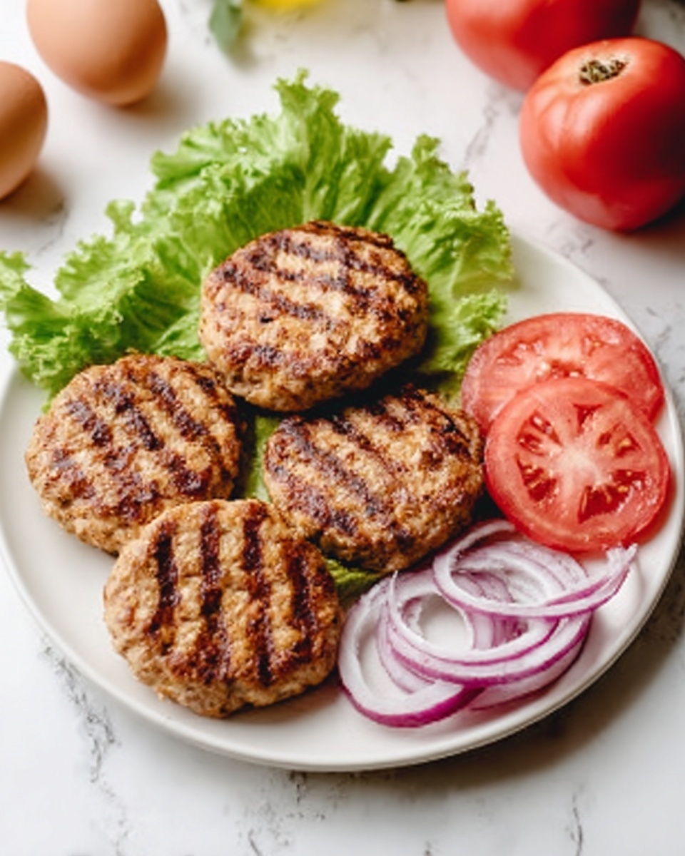 The image shows a white plate with four round grilled patties arranged in a loose circular pattern. On one side of the plate, there is a fresh green leaf of lettuce with a leafy texture. Next to the lettuce, there are three slices of bright red tomato with visible seeds and soft texture. Near the tomatoes, there are several thin rings of purple onion with a slightly glossy look. The plate is set on a white marbled surface with a soft, natural light. In the background, there are two whole red tomatoes and an egg. Photo taken with an iphone --ar 4:5 --v 7