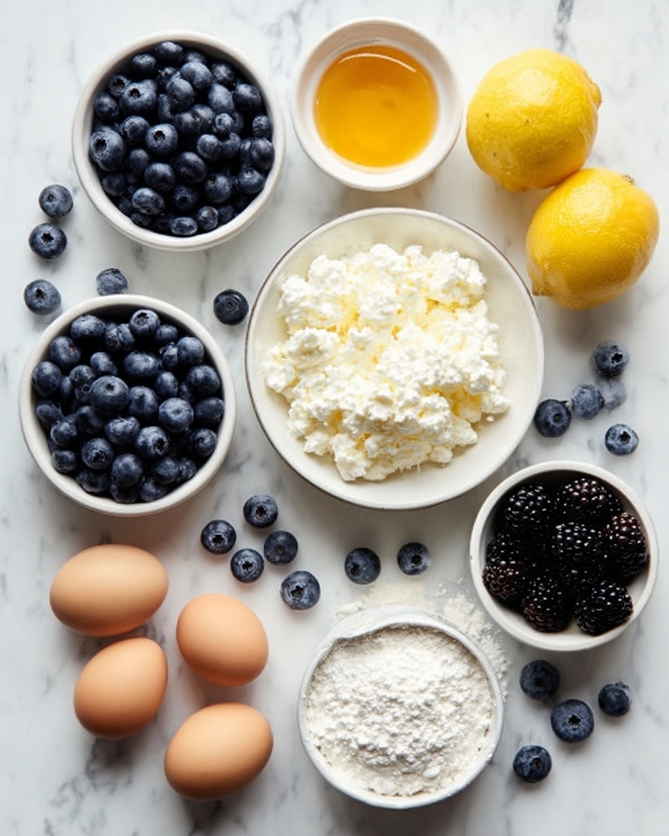 A white marbled surface holds various white bowls and ingredients arranged neatly. There are three white bowls filled with fresh, plump blueberries in different sizes. A larger white bowl in the center contains a fluffy white cottage cheese. Next to it, a small white bowl holds golden honey. Two bright yellow lemons sit near the top right, while a small white bowl below them contains dark blueberries or blackberries. A few blueberries are scattered around on the marble. Near the bottom right, three brown eggs rest directly on the surface. A small pile of white flour lies near the eggs, completing the setup. photo taken with an iphone --ar 4:5 --v 7