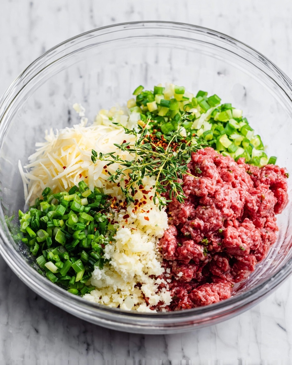 A clear glass bowl on a white marbled surface holds a colorful mix of ingredients layered side by side. There is a large portion of raw red ground meat on the right, bright green chopped spring onions on the top left, white shredded cheese below the spring onions, and small beige minced garlic pieces center-front. Small sprigs of fresh green thyme rest on top near the center, sprinkled lightly with reddish chili flakes. The textures vary between soft meat, crunchy herbs, and crumbly cheese. photo taken with an iphone --ar 4:5 --v 7