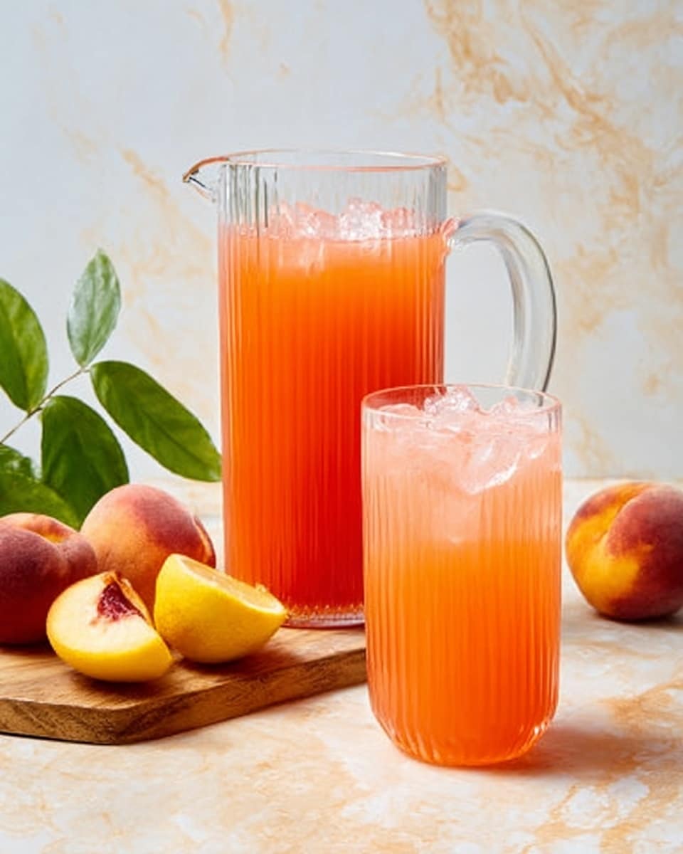 The image shows a clear glass pitcher filled with bright orange-pink juice, placed on a wooden board. Next to the pitcher are two whole peaches with fuzzy skin and a lemon wedge with a bright yellow peel and pale interior. In front of the wooden board, there is a clear glass filled with ice cubes and the same orange-pink juice. The background is a white marbled surface, and a green leaf is partially visible on the left side. Photo taken with an iphone --ar 4:5 --v 7