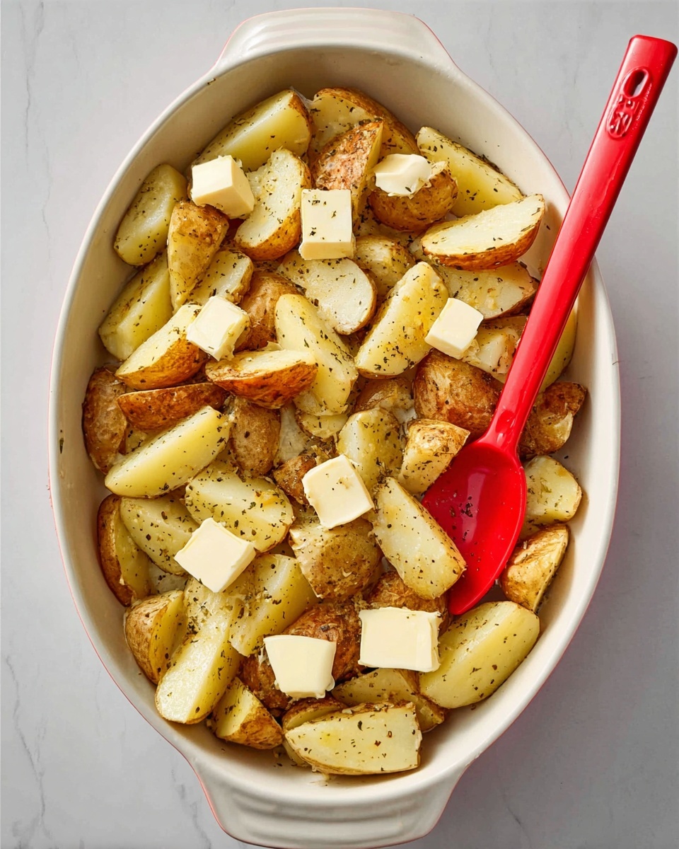 Perfect Greek Lemon Potatoes Recipe 4 An oval white baking dish filled with quartered yellow potatoes seasoned with black pepper and herbs, each piece showing a slightly rough skin texture and pale yellow flesh; spread evenly across the dish, the potato wedges are topped with small square pats of pale butter scattered on top, adding a creamy contrast; a bright red spoon rests inside the dish, leaning from the top right towards the center, all placed on a white marbled surface photo taken with an iphone --ar 4:5 --v 7