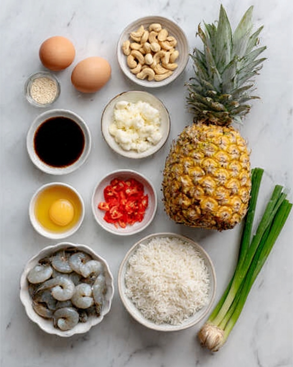 The image shows ingredients for cooking, arranged neatly on a white marbled surface. There is a large whole pineapple on the top right, and to its left are small white bowls with dark brown sauce, white cream, golden syrup, and pale seeds. Below those are two whole eggs, a bunch of green onions, and a small white bowl of shelled cashews. Red diced pieces are in a white bowl near the center, next to a larger white bowl filled with fluffy cooked white rice. At the bottom left, there is a white bowl with raw shrimp and a small white bowl of chopped white garlic. The setup is clean and organized, with all items clearly visible. Photo taken with an iphone --ar 4:5 --v 7