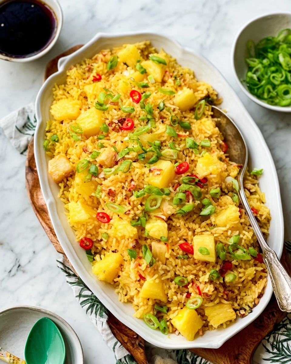 This image shows a white oval dish filled with a vibrant yellow rice dish mixed with chunks of pineapple, small pieces of red chili, and chopped green onions scattered on top. The rice looks fluffy and slightly shiny, while the pineapple chunks add a juicy texture. The dish is placed on a white marbled surface, alongside a silver spoon resting inside the dish. The background includes a small white bowl with dark sauce and a small white bowl filled with green onions. A woman’s hand is lightly touching a green plastic spoon under the dish. Photo taken with an iphone --ar 4:5 --v 7