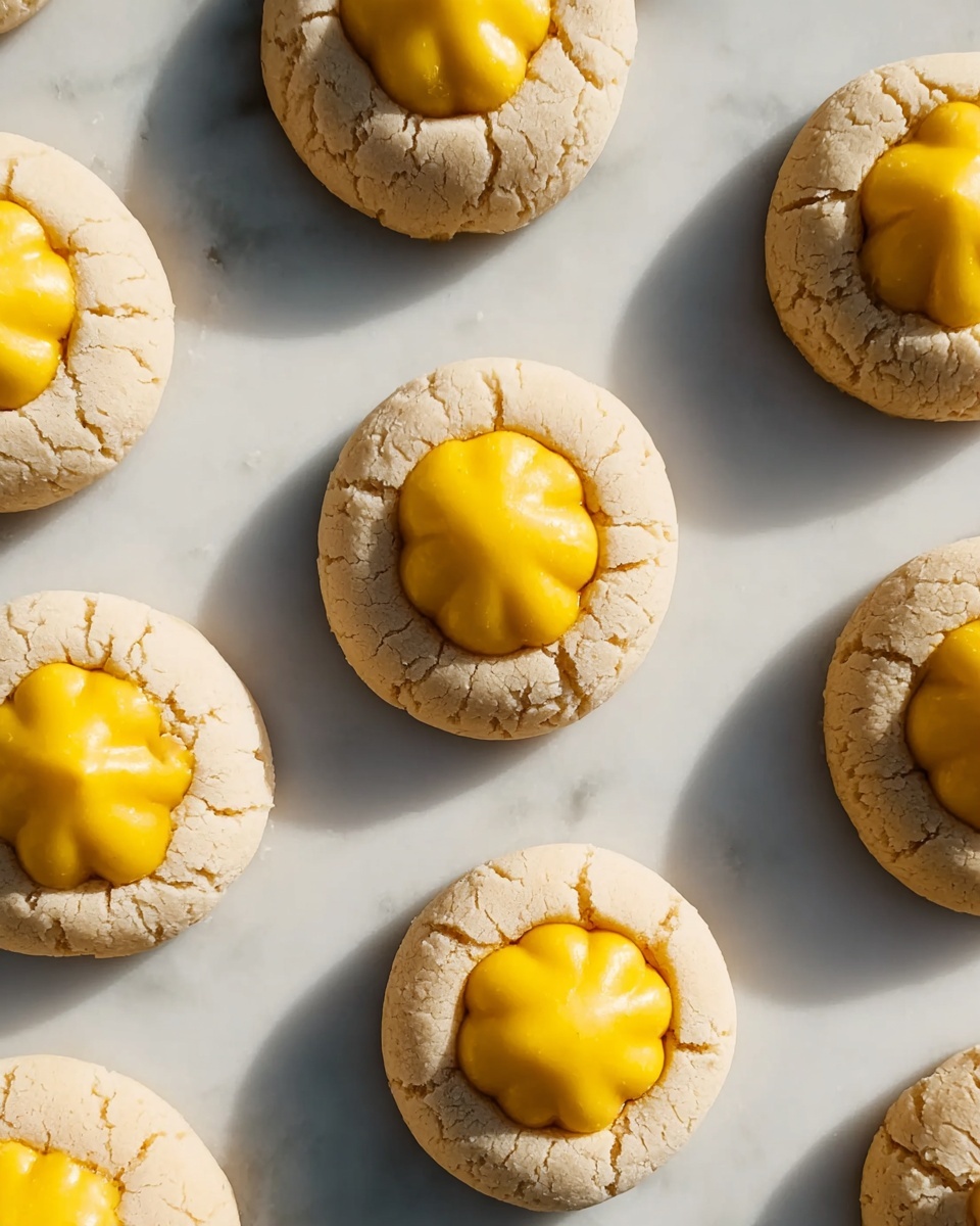 The image shows several round cookies placed on a white marbled surface. Each cookie has two layers: a base layer that is light beige with visible cracks and a smooth, slightly raised center that is topped with bright yellow dollops, giving a textured look. The cookies are spaced evenly, and the light casts soft shadows, enhancing their round shape and details. photo taken with an iphone --ar 4:5 --v 7