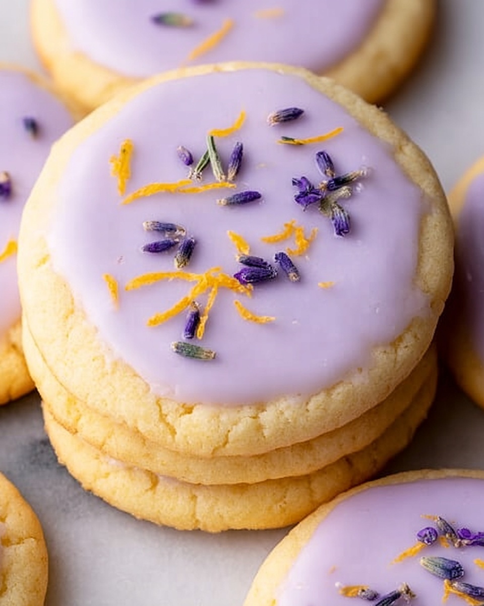 A close-up view of pale yellow round cookies with smooth, light purple icing spread evenly on top, each cookie decorated with small sprinkles of tiny purple flower buds and thin strips of bright orange zest scattered across the icing. The cookies are stacked slightly on top of each other against a white marbled surface, highlighting their soft, slightly crumbly texture and the gentle shine of the icing. Photo taken with an iphone --ar 4:5 --v 7