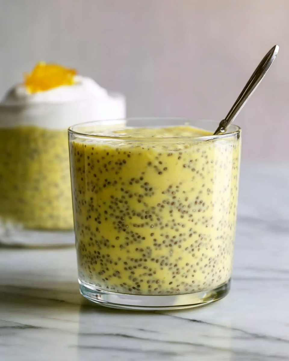 A clear glass cup filled with a thick yellow pudding that has many small black chia seeds mixed evenly throughout. A silver spoon is inside the cup on the right side. Behind this cup, there is another clear glass with a white creamy topping and a small piece of yellow fruit on top. Both cups sit on a white marbled surface. photo taken with an iphone --ar 4:5 --v 7