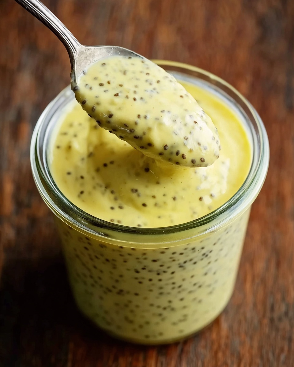 A clear glass jar filled with creamy yellow sauce mixed with small black chia seeds, giving it a speckled texture. A metal spoon is scooping up a thick portion of the sauce, showing its smooth and slightly lumpy consistency against a wooden surface background. Photo taken with an iphone --ar 4:5 --v 7