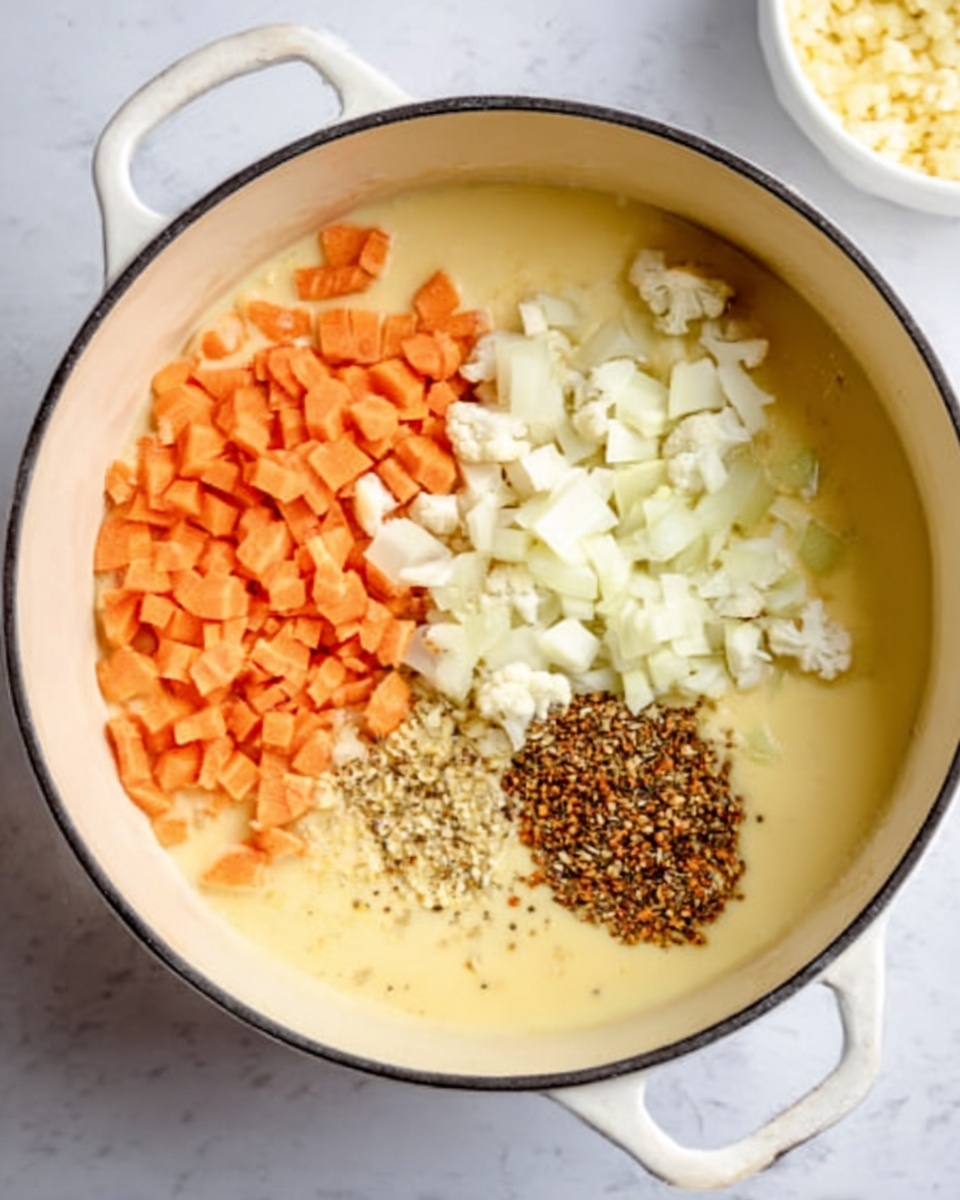 A white pot filled with a pale yellow creamy mixture covering the bottom, topped with four separate piles of ingredients near the top edge: finely chopped orange carrots on the left, small white cauliflower pieces next along, finely chopped white or pale yellow onion in the center-right, and a small pile of brown and black speckled spices on the far right. The background is a white marbled surface and part of a white bowl with a yellowish ingredient is visible in the top right corner. Photo taken with an iphone --ar 4:5 --v 7
