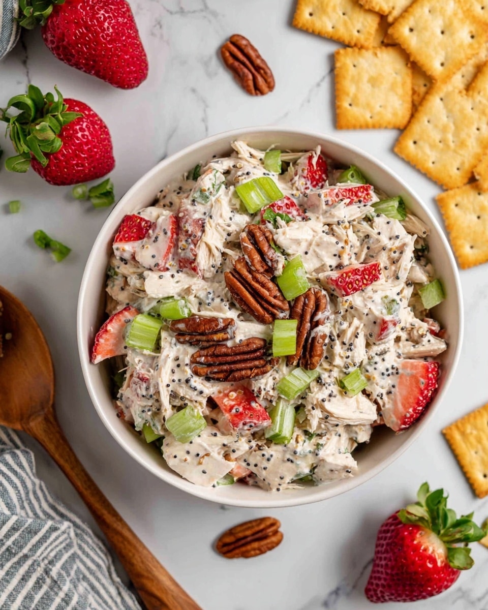 A white bowl filled with a creamy salad that has shredded white chicken mixed with small black seeds. There are pieces of bright red strawberries and light green celery cubes mixed in. On top, there are chopped green onions and whole pecans that add texture and color. Around the bowl, there are whole strawberries, pecans, and a few yellow crackers scattered on a white marbled surface. A wooden spoon and a striped cloth are visible in the corner. photo taken with an iphone --ar 4:5 --v 7