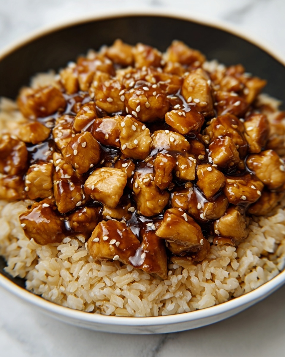 The image shows a close-up of a white bowl filled with cooked rice at the bottom layer, light brown in color with a soft texture. On top, there is a thick layer of small, cubed pieces of cooked chicken coated in a shiny, dark brown sauce that looks sticky and rich. Small white sesame seeds are sprinkled evenly over the chicken, adding texture and contrast. The bowl sits on a white marbled surface. photo taken with an iphone --ar 4:5 --v 7