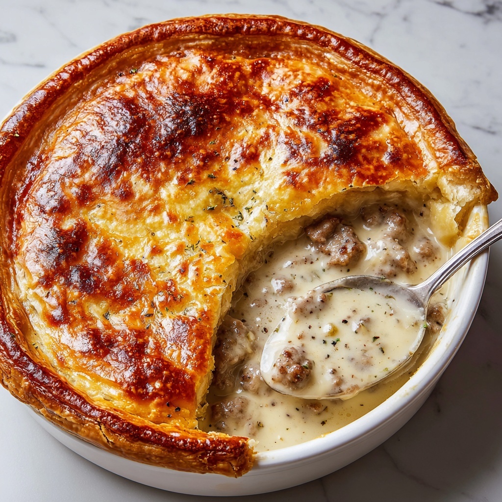 A golden brown baked pie with a shiny, flaky top crust sits in a round white dish. The top crust has been partially removed on one side to show the inside, revealing layers of small, round potatoes and chunks of cooked chicken mixed with a creamy sauce. The textures inside appear soft and creamy with some pepper sprinkled over. A spoon is scooping some filling out from the open side, resting on the edge of the dish. The background is a white marbled surface. Photo taken with an iphone --ar 4:5 --v 7