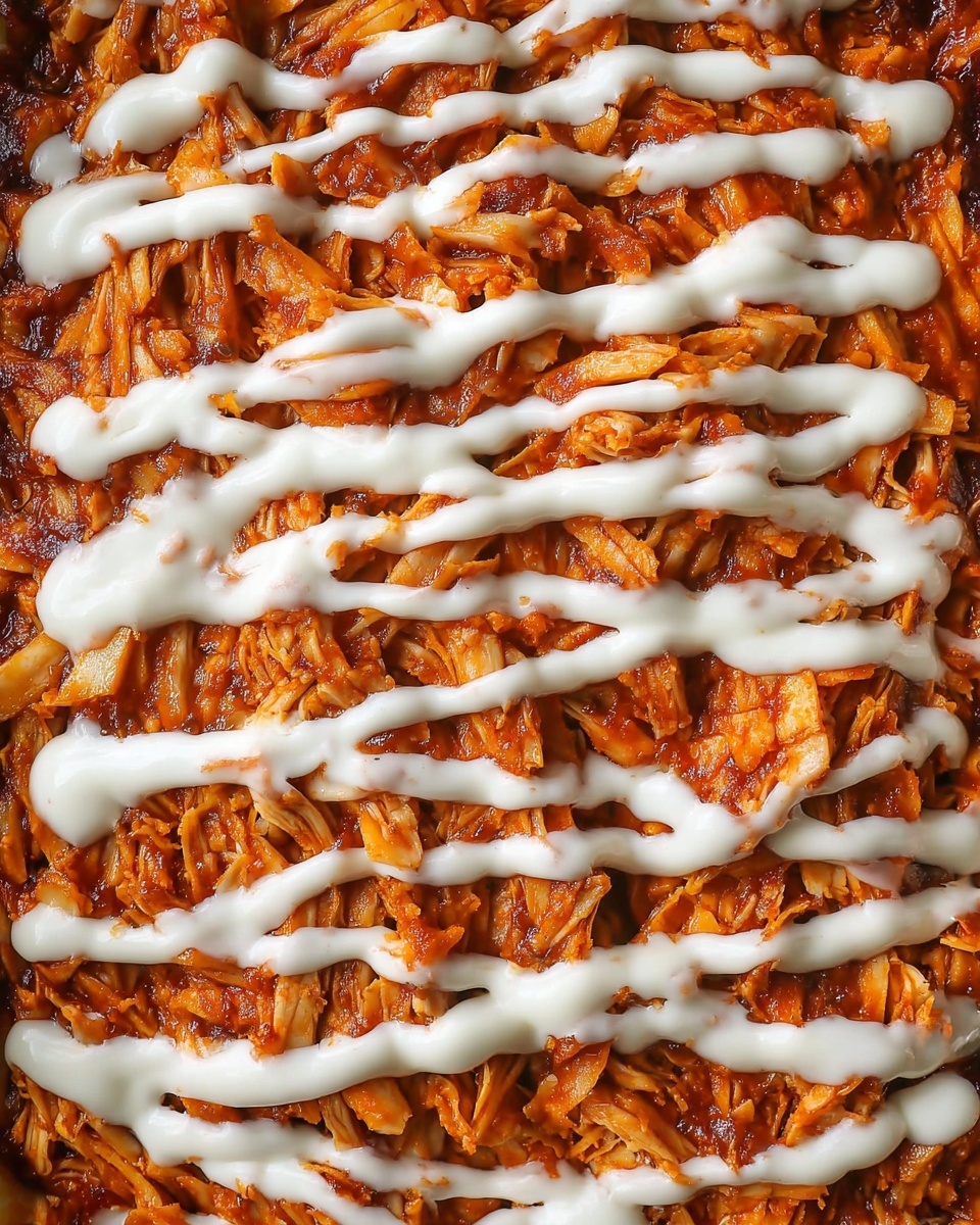 The dish shows a close-up of shredded orange-brown pieces covered in a thick reddish-brown sauce spread evenly across the area. Over the top of the saucy shredded pieces, there are lines of smooth white creamy drizzle applied in horizontal rows from top to bottom. The texture of the shredded pieces looks tender and moist with pieces layered close together. The background is a white marbled texture. photo taken with an iphone --ar 4:5 --v 7