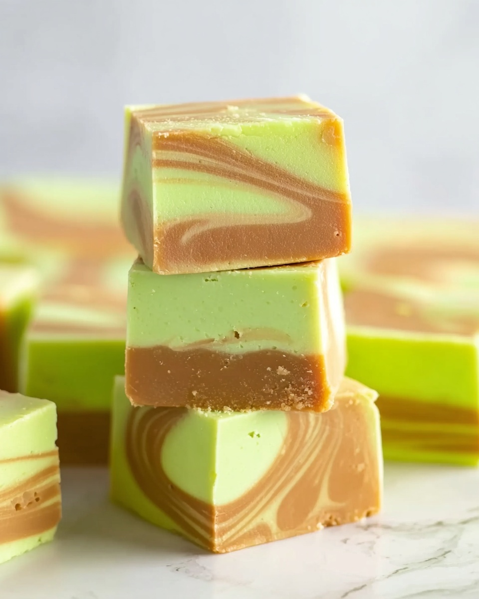 The image shows a stack of square fudge pieces with two main colors: light green and light brown. Each piece has multiple layers, with smooth swirls and slightly uneven lines between the green and brown layers. The fudge looks soft and creamy, with the layers mixing gently but staying mostly separate. The background and surface have a white marbled texture, giving a clean and bright look. The fudge squares are neatly placed on each other, showing the colorful stripes clearly. Photo taken with an iphone --ar 4:5 --v 7