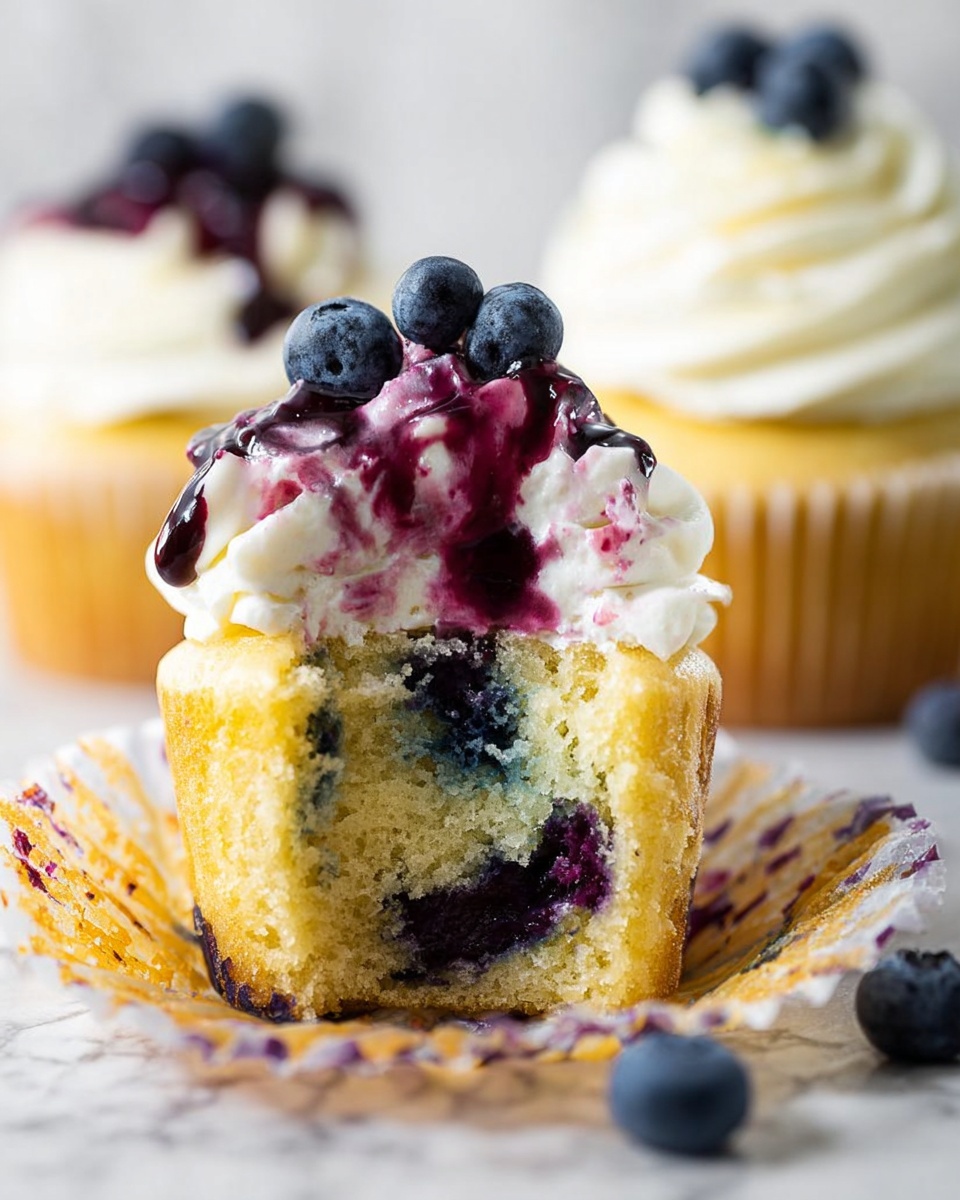 The image shows a group of eight cupcakes arranged in two rows on a round metal cooling rack. Each cupcake has three layers: a golden yellow cake base with some visible blueberry pieces, a swirl of white cream frosting on top, and a drizzle of dark purple blueberry sauce over the frosting. Each cupcake is finished with a cluster of fresh, plump blueberries sitting on the peak of the frosting. Around the rack, there are a few loose blueberries scattered on a white marbled surface. In the lower left corner, there is a wooden bowl filled with more blueberries. Near the bottom right, a silver spoon with some blueberry sauce rests on the surface. In the background, a white plate holds a cupcake portion with the same frosting and sauce, and three clear glasses filled with white liquid are slightly blurred. The scene has bright, natural light coming from the top left. Photo taken with an iphone --ar 4:5 --v 7