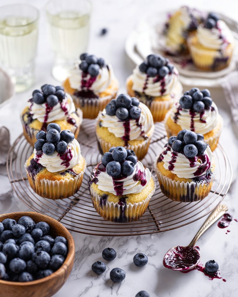 The image shows a close-up of a blueberry cupcake with part of the cupcake wrapper peeled down, revealing the moist yellow cake mixed with whole blueberries inside. On top, there is a thick swirl of white cream frosting with a dark purple blueberry sauce drizzled over it and a few fresh blueberries placed at the peak. In the background, there is a slightly blurred second cupcake with similar frosting and blueberry topping. The cupcakes rest on a white marbled surface with a few loose blueberries scattered around. Photo taken with an iphone --ar 4:5 --v 7
