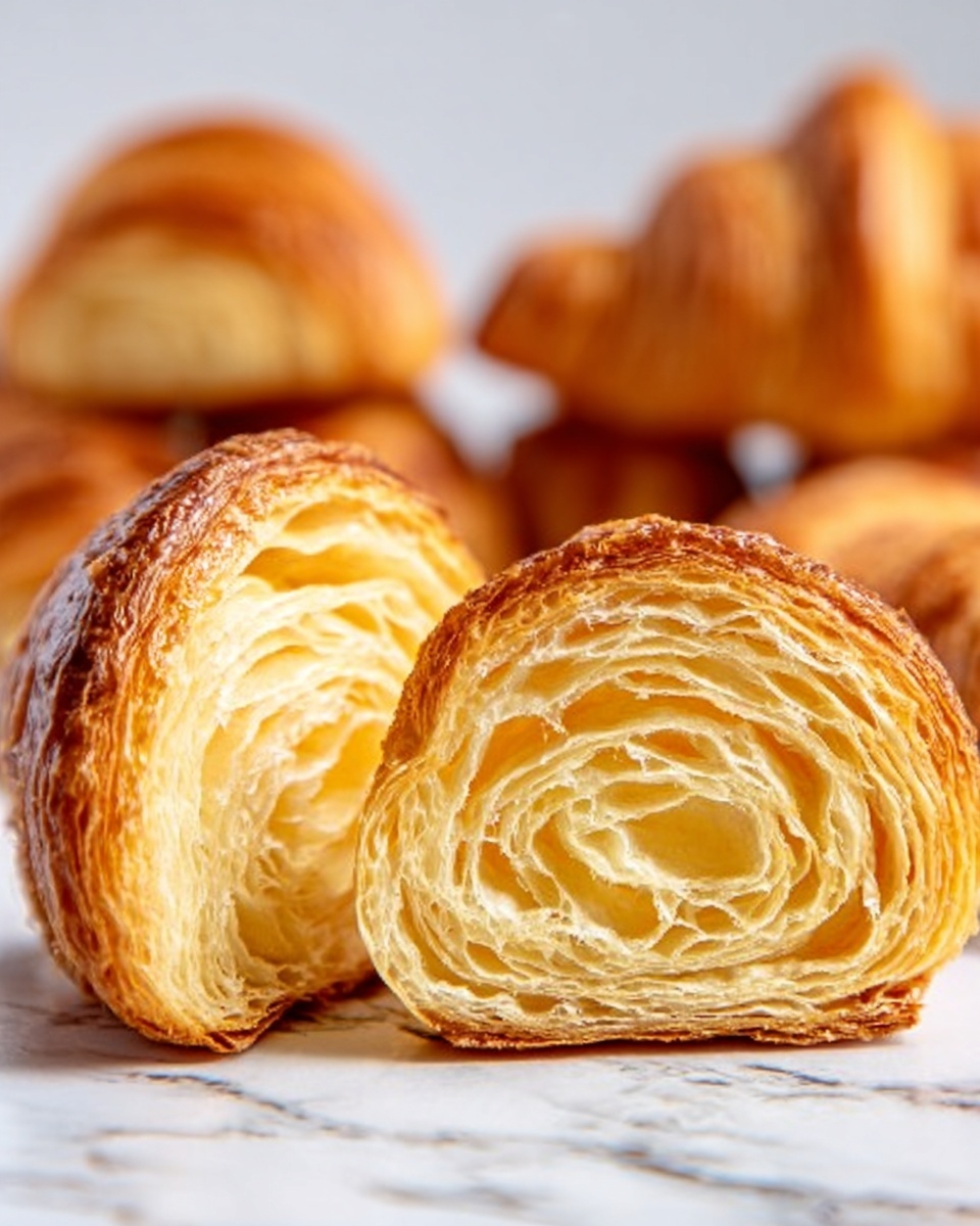 A golden-brown croissant with a crispy, flaky texture sits alone in the center of a white speckled plate. In the blurred background, a wooden tray holds more croissants, soft and buttery in color, arranged casually. To the right, a white cup with a brown base is partly visible. The surface beneath everything is white with a marble texture. photo taken with an iphone --ar 4:5 --v 7