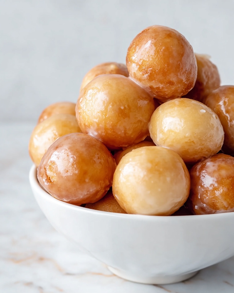 A white bowl filled with many round doughnut holes stacked in a small pile; the doughnut holes have a shiny, light golden brown glaze with smooth textures and slight variations in color from light beige to deeper golden hues; the bowl sits on a white marbled surface, creating a clean and bright background that contrasts softly with the warm tones of the doughnut holes photo taken with an iphone --ar 4:5 --v 7