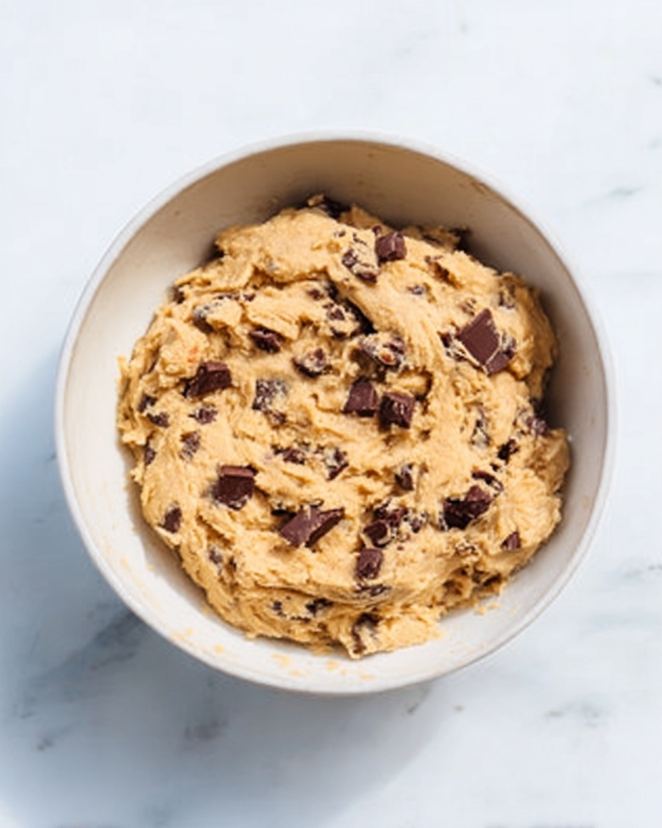 A white bowl filled with thick, light brown cookie dough mixed with uneven pieces of dark chocolate chips scattered throughout. The dough has a slightly rough texture and fills the bowl about three-quarters full. The bowl is placed on a white marbled surface with soft natural light highlighting the dough's creamy and chunky look. photo taken with an iphone --ar 4:5 --v 7