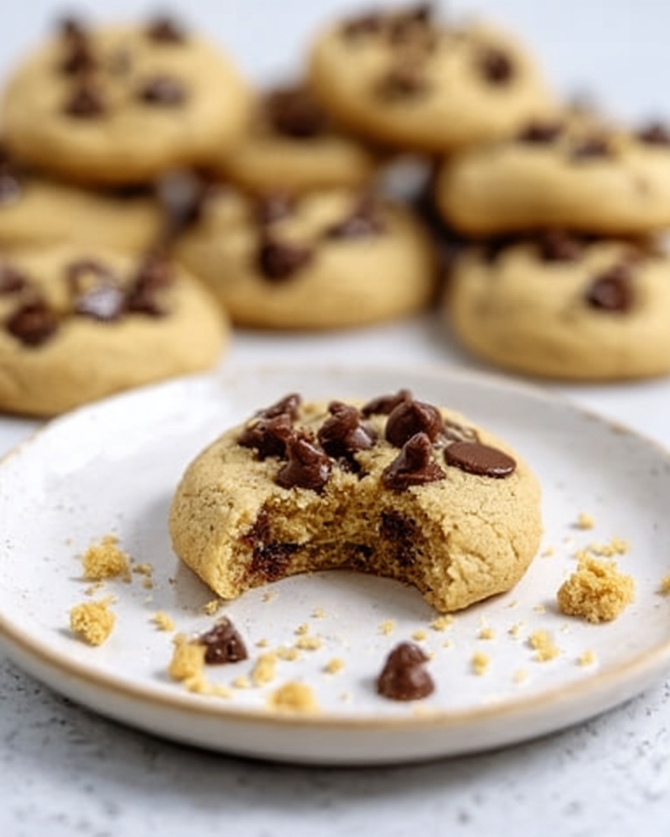 A close-up view of a light brown cookie with chocolate chips on top, placed on a white plate with a white marbled surface background; the cookie has a bite taken out, showing a soft and slightly crumbly inside with more chocolate chips; scattered cookie crumbs surround it; in the background, there are multiple similar cookies out of focus; photo taken with an iphone --ar 4:5 --v 7