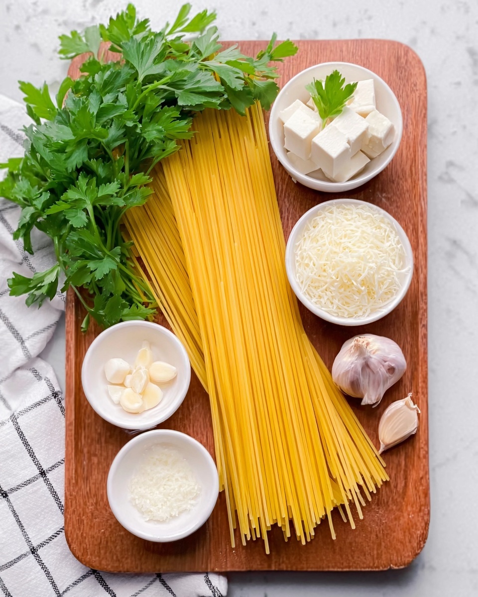 The image shows uncooked long yellow pasta sticks laid horizontally on a small wooden board. Above the pasta are fresh green parsley leaves. Around the pasta, there are four small white bowls arranged vertically along the right side of the wooden board. From top to bottom, the bowls contain white tofu cubes with a small parsley leaf on top, white shredded cheese, three garlic cloves with papery skin, and white salt. The surface under the board is a white marbled texture with a white and black checkered cloth partially visible in the background. photo taken with an iphone --ar 4:5 --v 7