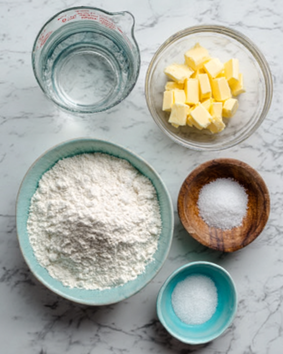 The image shows a top view of six small bowls and a measuring cup on a white marbled surface. The largest bowl is filled with a heap of white flour, showing a powdery texture. Next to it is a clear glass bowl with several small rectangular pieces of yellow butter. There is a clear glass measuring cup filled with water. Three smaller bowls are also present: one light turquoise bowl holding a white powder, another brown wooden bowl with white salt crystals, and a small light blue bowl containing white granulated sugar. The arrangement is neat and evenly spaced. Photo taken with an iphone --ar 4:5 --v 7