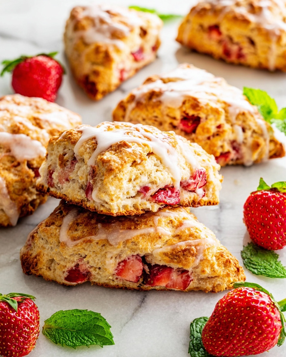 The image shows several golden-brown scones with a rough, crumbly texture and small pieces of red strawberries inside. In the center, two scones are stacked, showing the inside layers with juicy strawberry bits and a soft, flaky dough. The tops of the scones have a light drizzle of white icing. Around the scones, there are whole fresh strawberries and green mint leaves on a white marbled surface. The scene is bright and colorful, highlighting the contrast between the warm scones and fresh fruit. photo taken with an iphone --ar 4:5 --v 7