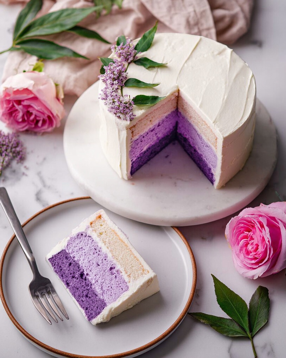 The image shows a white round cake with a slice taken out, placed on a white marbled surface. The cake has three visible layers inside: a light purple top layer, a deeper purple middle layer, and another light purple bottom layer, all separated by thin white frosting. The outside of the cake is covered with smooth, white frosting. The slice is placed on a white plate with a thin brown rim, next to a silver fork. There are some green leaves and a pinkish-purple flower near the plate, along with two pink roses beside the cake on the surface. Photo taken with an iphone --ar 4:5 --v 7