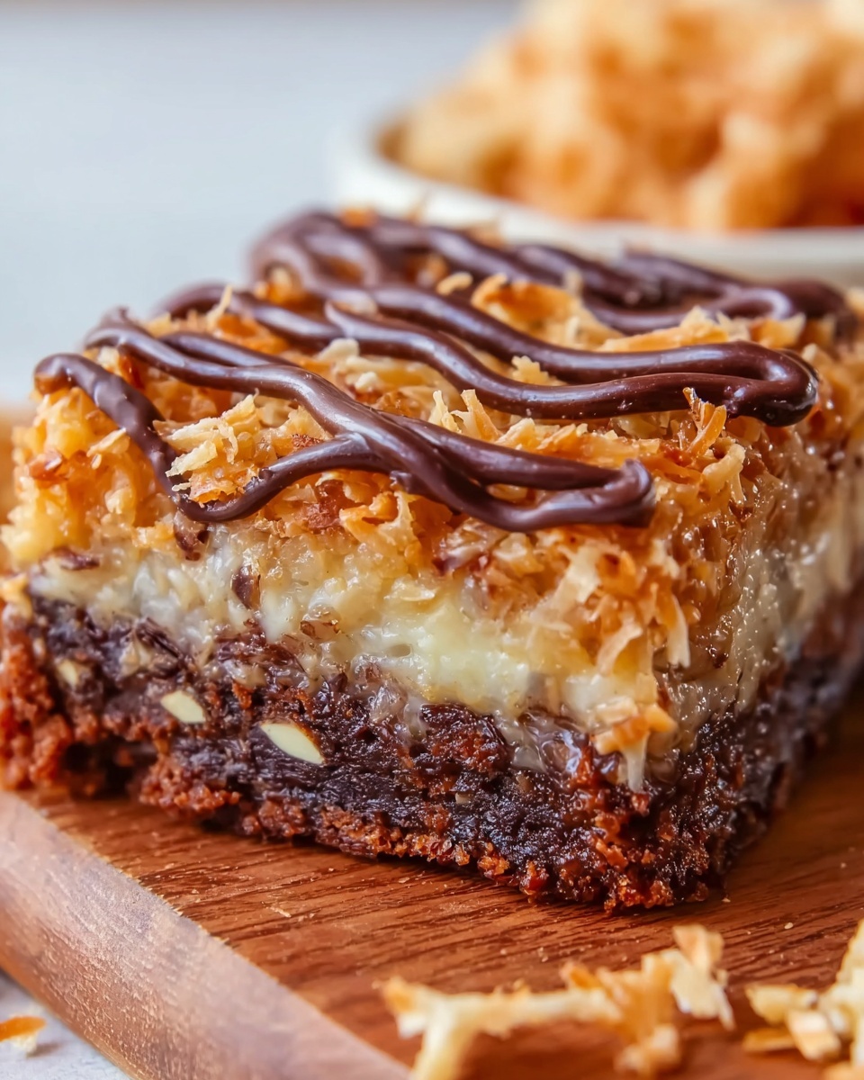 The image shows a square piece of layered dessert on a wooden board with some thin crispy pieces in the background. The dessert has a bottom layer of dark brown, moist chocolate cake. On top of this is a thick middle layer that is light brown and creamy, with visible bits of nuts mixed in. The top layer is golden and glossy with shredded coconut sprinkled throughout, and it is decorated with two thin, wavy lines of dark chocolate. The dessert looks rich and sticky with a slightly rough texture on top. Photo taken with an iphone --ar 4:5 --v 7