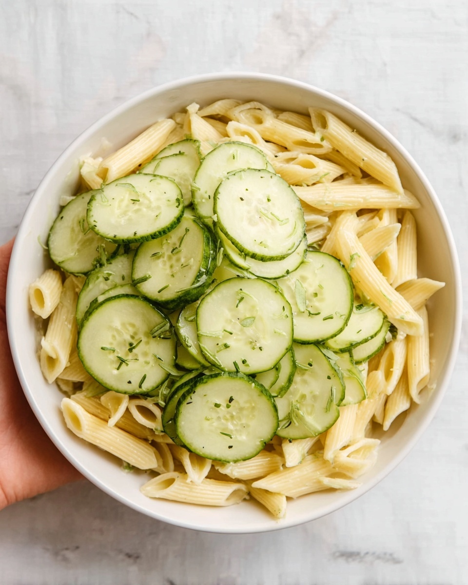 A white bowl filled with a simple pasta salad placed on a white marbled surface, showing two main layers: the pasta and the cucumbers. The bottom layer has light yellow penne pasta pieces, soft and smooth in texture, loosely spread around the bowl. On top, there is a layer of thinly sliced cucumber rounds, light green with visible seeds and small herbs scattered over, adding a fresh, slightly glossy look. A woman's hand holds the bowl gently from the side, completing the scene. photo taken with an iphone --ar 4:5 --v 7