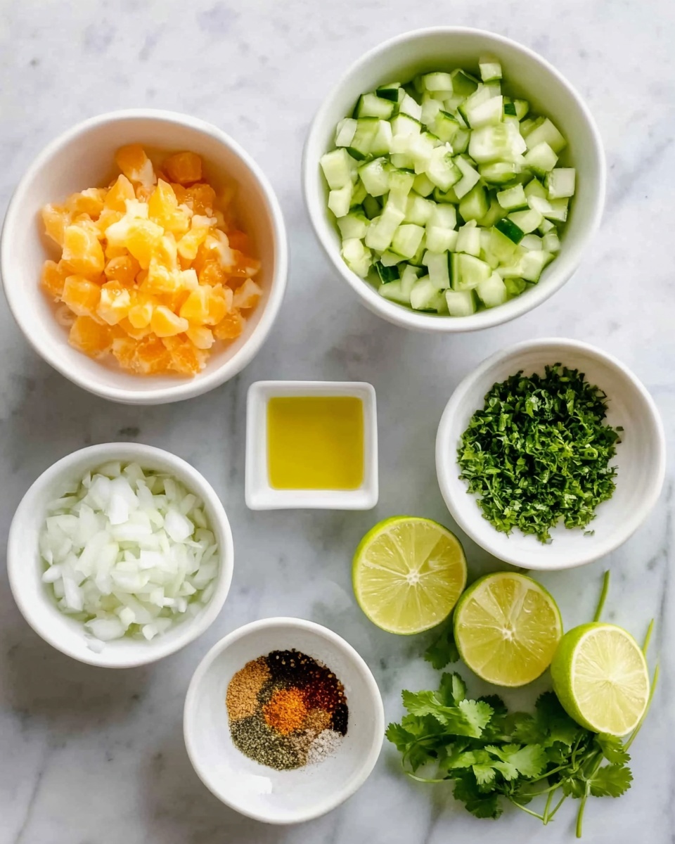 The image shows six bowls and one lime on a white marbled surface layout. In the top left, there is a white bowl filled with small diced orange pieces. To the right, a white small square bowl contains yellow oil. Below these, a larger white bowl is filled with chopped green cucumber pieces. Next to it, a small white round bowl holds a mix of ground spices and chopped green herbs. At the bottom left, a white bowl contains white shredded or chopped onion. On the right side, four sliced lime halves are arranged next to a few sprigs of fresh green cilantro. The colors are bright and fresh, with the white bowls and white marbled surface creating a clean, simple look. photo taken with an iphone --ar 4:5 --v 7