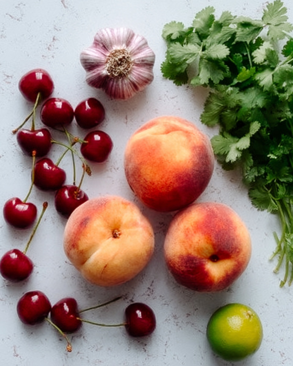 The image shows a white marbled surface with three peaches placed near the center, each having a soft orange and pink skin with a slightly fuzzy texture. To the left of the peaches are several bright red cherries with green stems, some scattered loosely and others in small bunches. Above the peaches is a bulb of garlic with a light purple skin and papery texture, partially peeled. On the far right, there is a small yellow-green lime with a smooth skin. A bunch of fresh green cilantro with leafy texture is placed in the upper right corner. The overall layout is spread out naturally with no overlap, showing clear details of each fruit and herb. Photo taken with an iphone --ar 4:5 --v 7