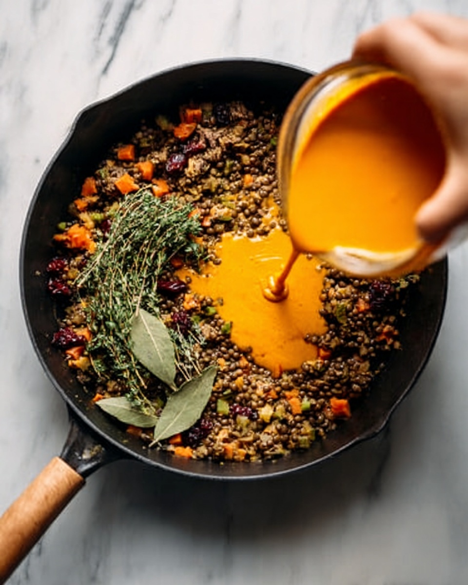 A black skillet filled with a mix of chopped vegetables and lentils in the bottom layer, showing colors of brown, dark green, and light green from herbs placed on top, including sprigs of thyme and bay leaves. A woman's hand is seen pouring a thick, smooth, bright orange liquid over the vegetable-lentil mix. The skillet is on a white marbled surface. Photo taken with an iphone --ar 4:5 --v 7