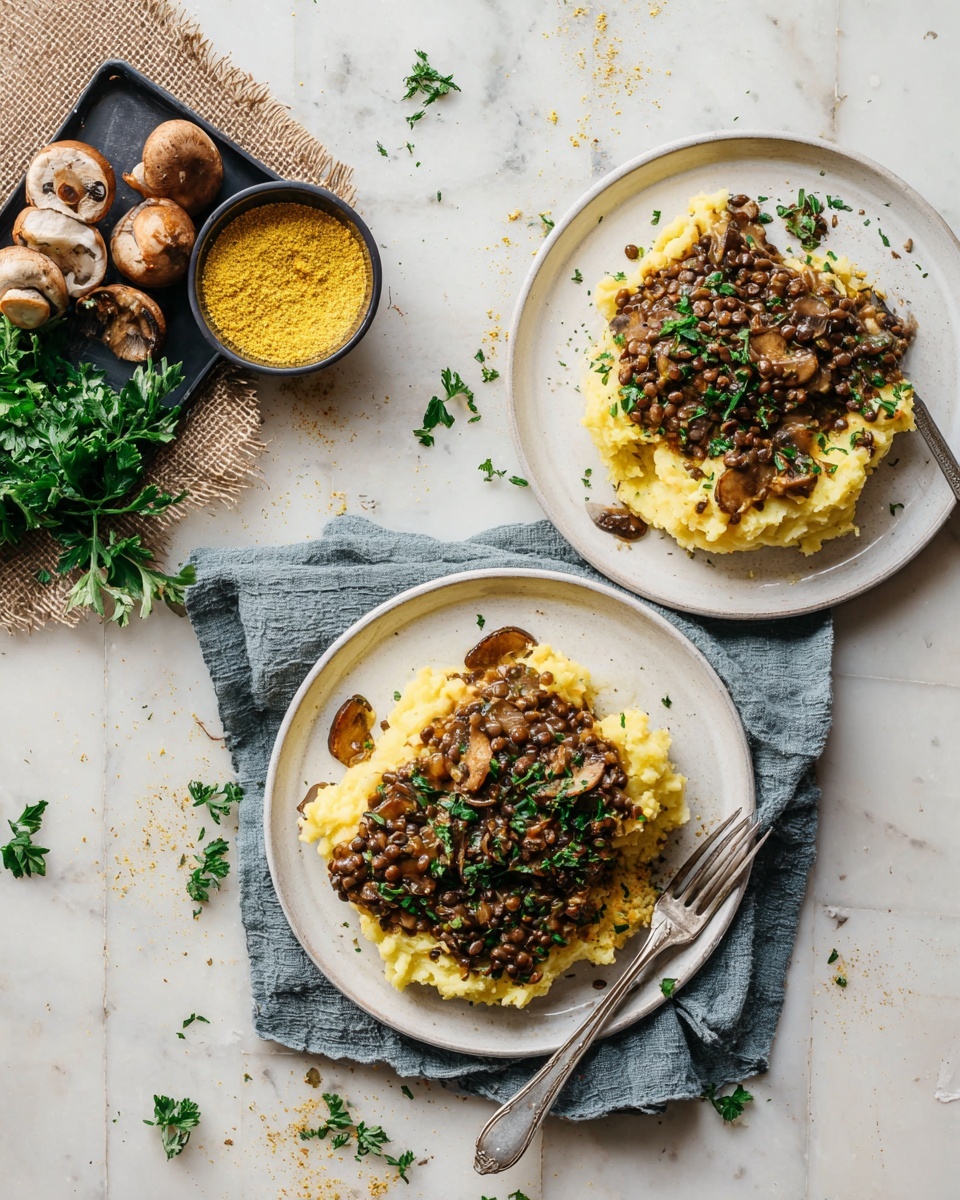 Two white plates hold a meal of mashed potatoes topped with a brown lentil and mushroom sauce. Each plate has a thick bottom layer of pale yellow mashed potatoes with a soft, uneven texture. The top layer is a dark brown mix of lentils and sliced mushrooms, thick and slightly glossy, sprinkled with fresh green herbs. On the white marbled surface around the plates, scattered small green parsley pieces and light sauce droplets add detail. One plate sits on a folded blue-gray cloth with a fork resting on its edge, while the other plate also has a fork placed on its right side. In the upper left corner, a small rectangular black tray holds fresh whole and sliced brown mushrooms and green herbs over a piece of burlap. A small dark bowl filled with yellow flaky powder is next to the tray. photo taken with an iphone --ar 4:5 --v 7