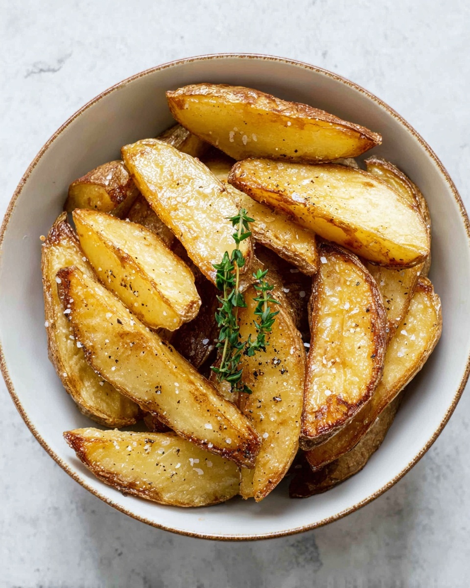 A white bowl filled with two layers of golden roasted potato wedges with crisp skin and soft centers, each piece sprinkled with coarse salt and black pepper. On the top layer, two small green thyme sprigs lie across the potatoes, adding a fresh and earthy touch. The bowl is sitting on a white marbled surface, adding a clean and simple background to the warm tones of the potatoes. photo taken with an iphone --ar 4:5 --v 7