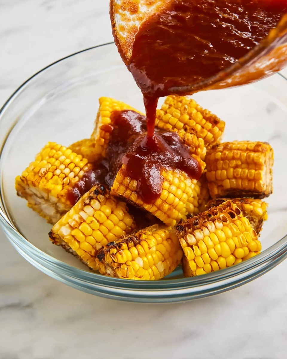 In a clear glass bowl on a white marbled surface, bright yellow grilled corn pieces with slightly charred edges are arranged in a loose pile. A thick, glossy, deep reddish-brown sauce is being poured over the corn, creating a rich, shiny layer that covers the top of the kernels and drips slightly down the sides. The contrast between the golden corn and the dark sauce highlights the textures, with the corn’s rough, bumpy surface and the sauce's smooth, dense flow. Photo taken with an iphone --ar 4:5 --v 7