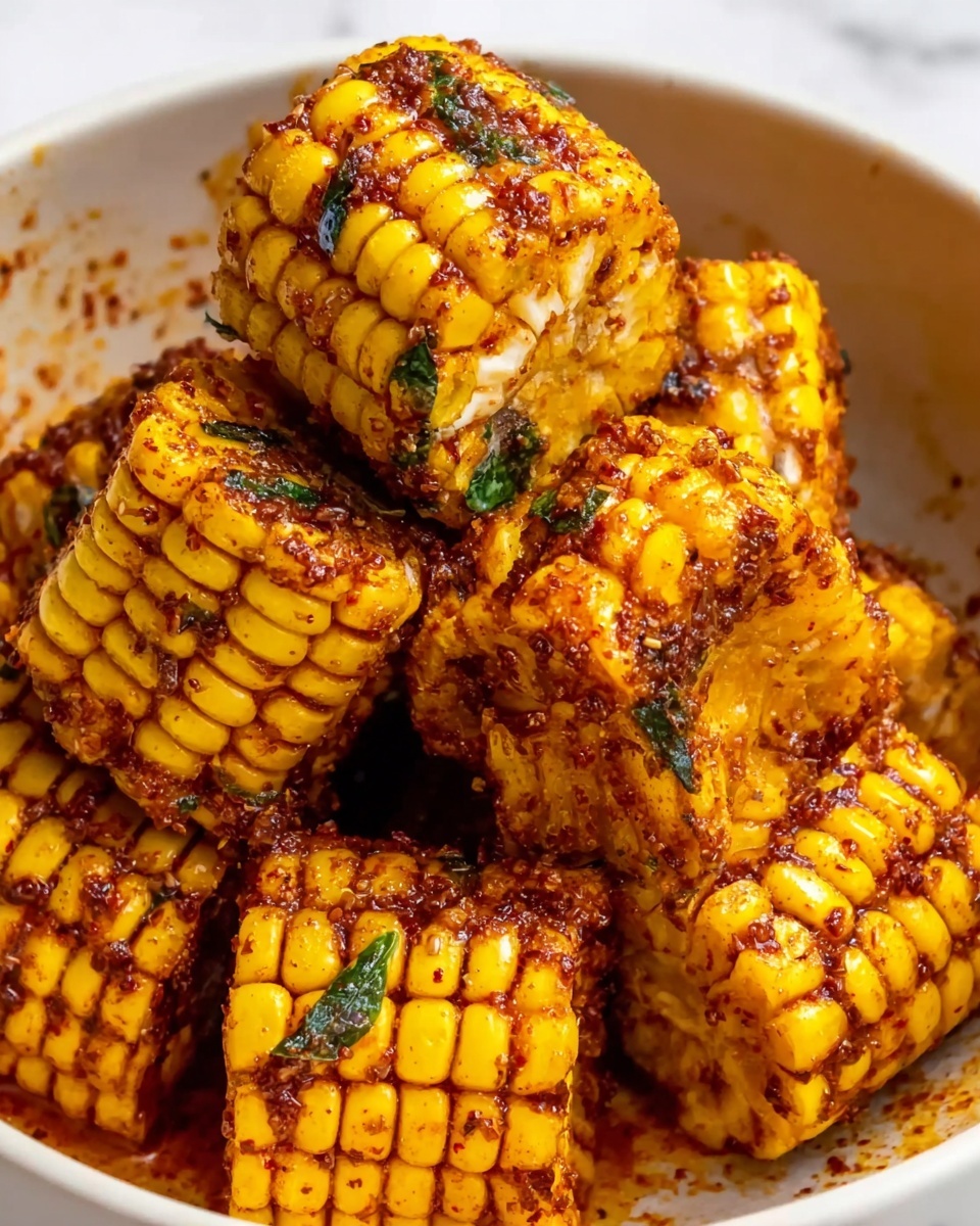 The image shows several pieces of cooked corn on the cob cut into small chunks, stacked closely together in a white bowl with a white marbled background. The corn is bright yellow with a noticeable char and covered in a reddish-brown seasoning mixed with bits of herbs, giving a textured and slightly oily look. Some pieces have visible green herb leaves, and the seasoning appears thick and well-coated, adding contrast to the corn’s smooth kernels. The bowl has some sauce smeared on the edges, showing the flavorful and rich seasoning around the corn photo taken with an iphone --ar 4:5 --v 7