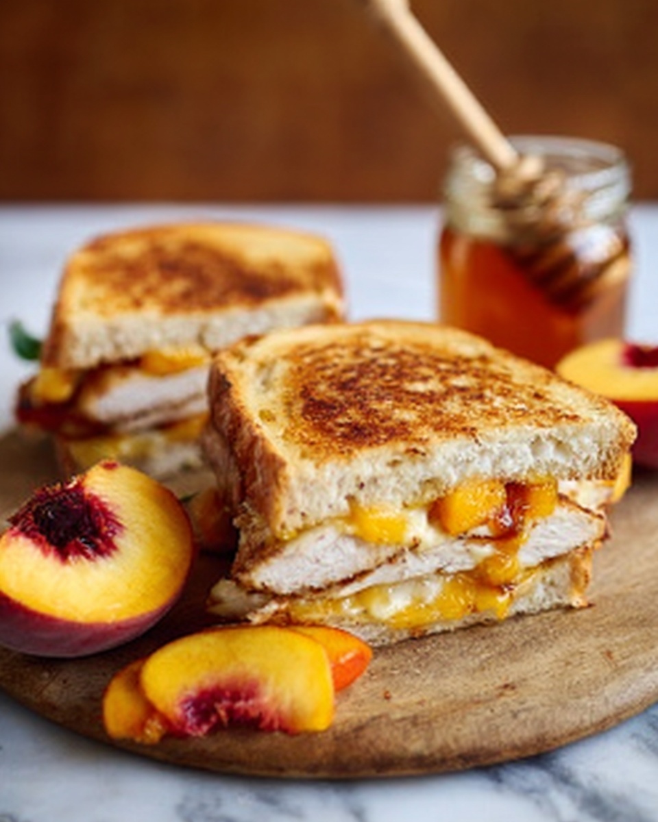 The image shows two toasted sandwiches placed on a wooden board on a white marbled surface. One sandwich is cut in half and stacked, revealing three layers inside: a layer of melted yellow cheese at the bottom, followed by slices of orange peaches, and topped with grilled chicken with a golden brown crust. The top layer is golden toasted bread with a light, crispy texture. Behind the sandwiches, there is a jar with honey and a woman's hand holding a honey dipper resting inside the jar. To the left, fresh peach halves and slices, showing their orange flesh and dark pit, add color to the scene. The colors are warm and inviting with a mix of golden browns, oranges, and yellow. Photo taken with an iphone --ar 4:5 --v 7