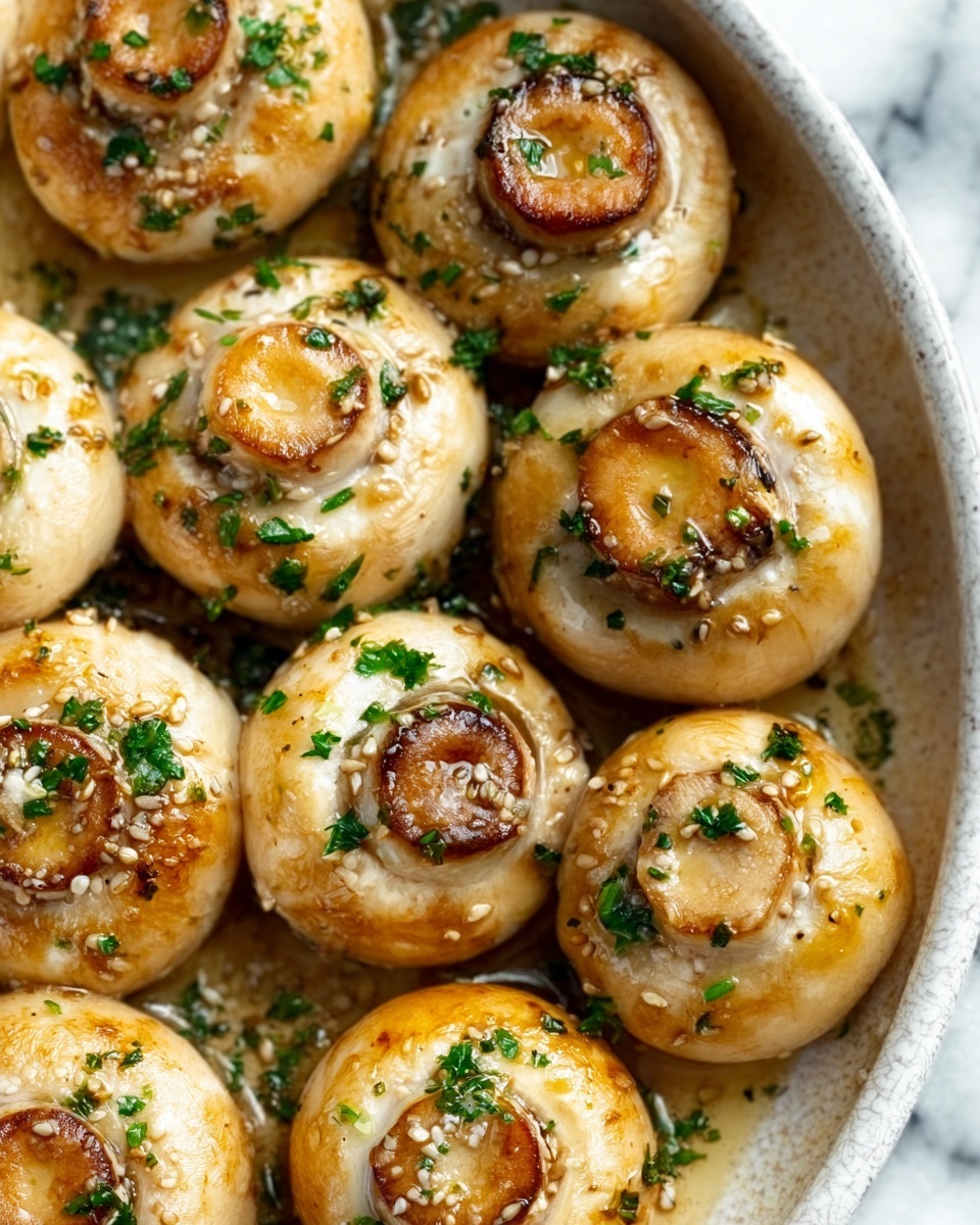 The image shows a close-up of several whole cooked mushrooms arranged closely together in a white pan. Each mushroom cap is golden brown with a slight crisp texture, topped with small green parsley pieces and lightly sprinkled with flaxseeds. The mushrooms have a shiny surface indicating they were cooked in oil, and the white pan contrasts with the light beige color of the mushrooms. The background has a white marbled texture. Photo taken with an iphone --ar 4:5 --v 7