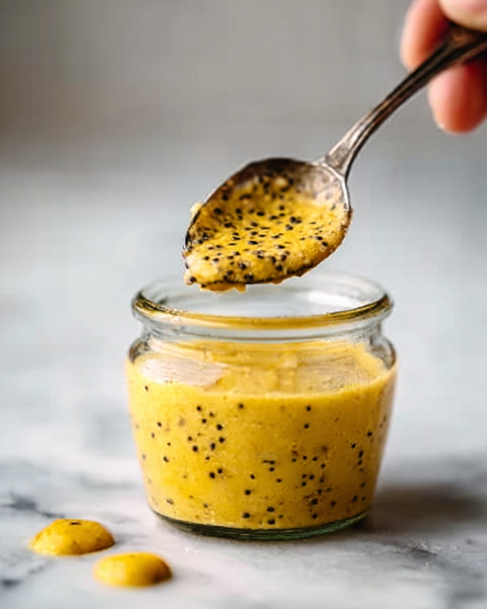 A close-up image of a spoon held by a woman's hand above a small clear glass jar filled with yellow mustard sauce with black seeds sprinkled throughout. The sauce has a thick, slightly grainy texture. The jar sits on a white marbled surface with two small mustard dollops blurred in the background. The lighting is soft and natural. photo taken with an iphone --ar 4:5 --v 7