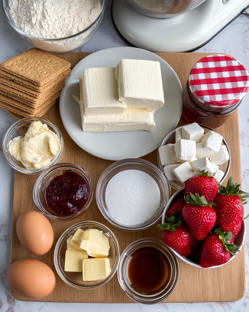 The image shows ingredients for a dessert arranged neatly on a wooden board. There is a white plate with two blocks of cream cheese in the center top. To the right, a small white bowl is filled with fresh red strawberries with green leaves, alongside a jar with a red and white checkered lid containing jam. Around the board, several clear bowls hold white sugar, white cream, white chocolate pieces, and white granulated sugar. Two brown eggs are placed near the front center, with a small bowl of brown vanilla extract beside them. On the left, a small bowl of yellow butter cubes and a stack of light brown graham crackers are placed. The background has a white marbled texture with a white mixer and a glass jar of flour visible. Photo taken with an iphone --ar 4:5 --v 7