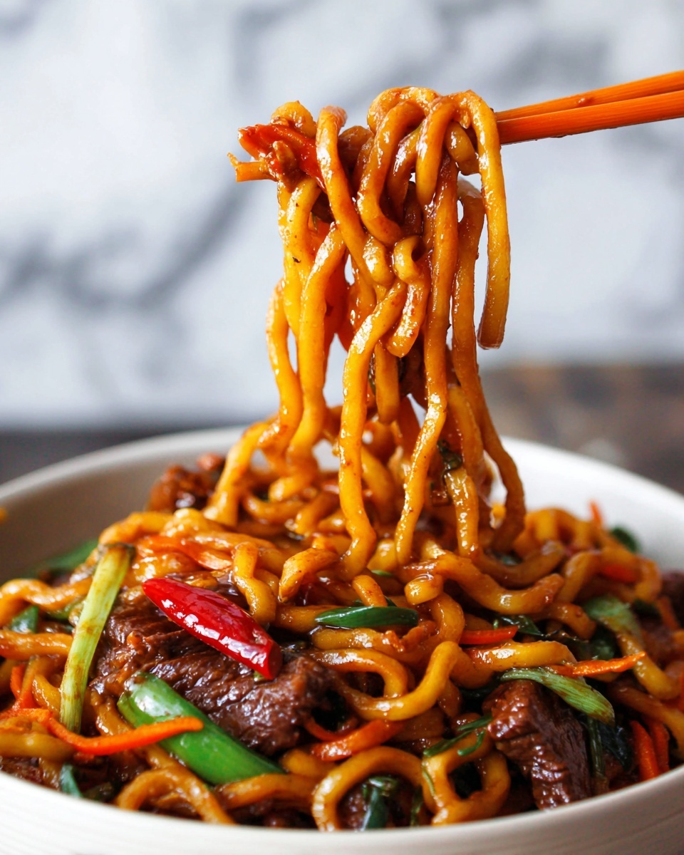 Thick, shiny brown noodles make up the main layer, lifted by orange chopsticks along with a piece of dark brown cooked beef and a bright red chili slice. Below, the noodles rest in a white bowl mixed with thin orange carrot slices, green pieces of scallion, and dark green peppers, all coated in a glossy, saucy texture. The background is a soft, blurry white marbled surface. Photo taken with an iphone --ar 4:5 --v 7