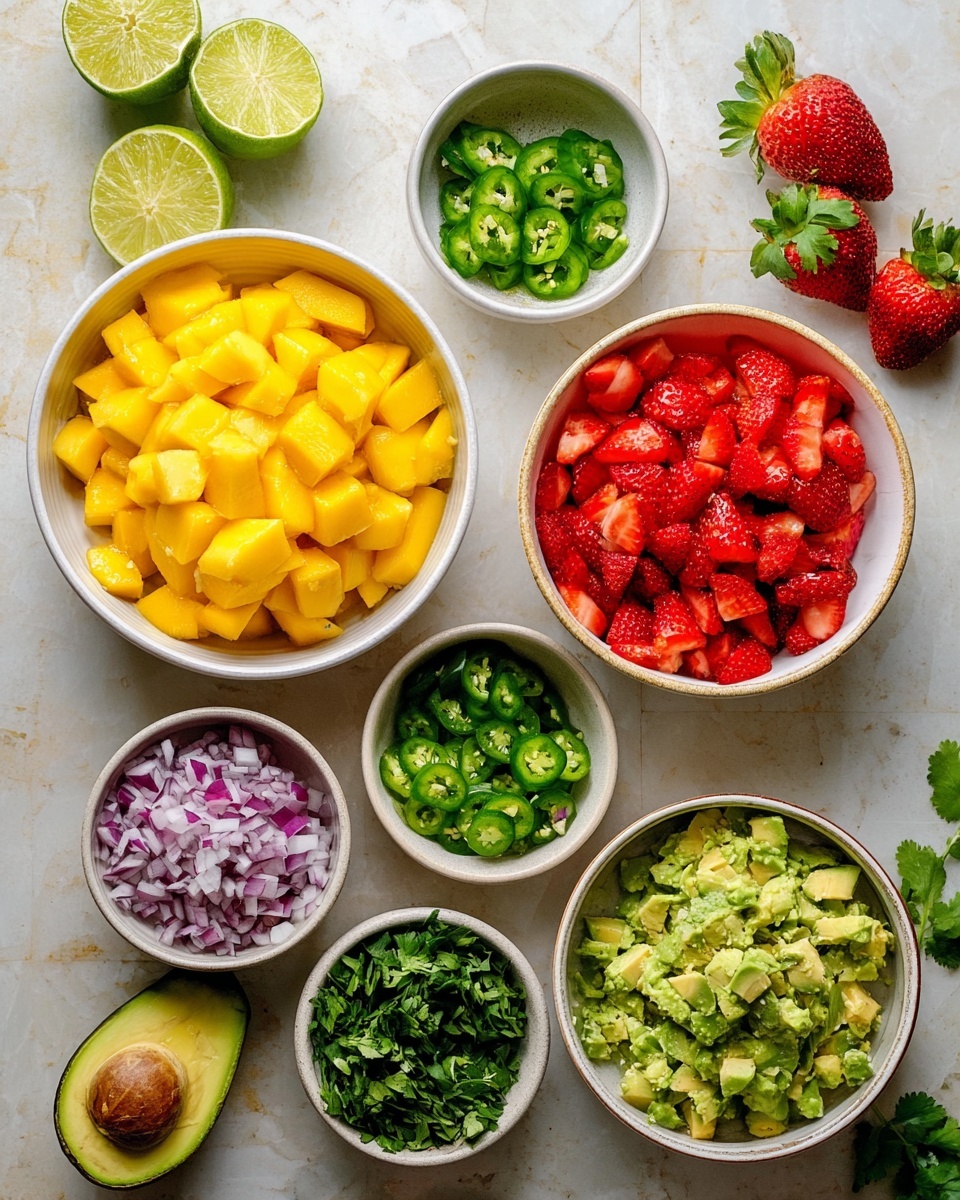 The image shows six white bowls on a white marbled surface, each filled with different colorful chopped ingredients. The largest bowl on the left has bright yellow mango cubes, next to it at the bottom is a bowl filled with green avocado cubes. To the right of the mango bowl is a bowl of red diced strawberries. Smaller bowls contain finely chopped green jalapeños at the top center, chopped red onions to the right, and chopped fresh green cilantro at the bottom center. Whole ingredients like a mango, avocado, lime halves, and whole strawberries are placed around the bowls, adding vibrant natural colors to the scene. photo taken with an iphone --ar 4:5 --v 7