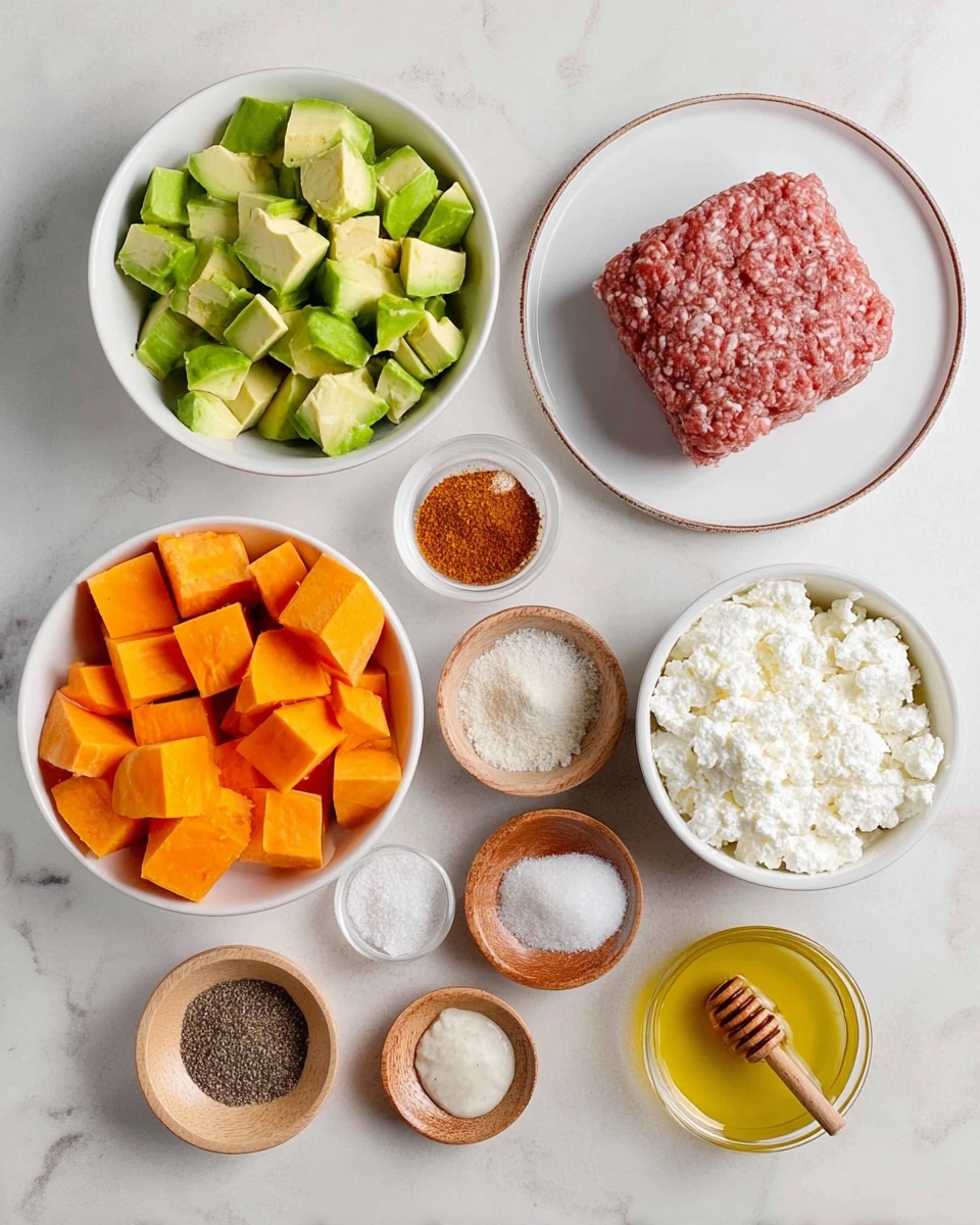 The image shows an overhead view of various ingredients arranged neatly on a white marbled surface. There is a white bowl filled with cubed green avocado pieces positioned at the top left. Below it, a white bowl holds small cubes of bright orange sweet potatoes. Next to the avocado, a white round plate contains a block of raw ground meat with a slightly uneven texture. Above the meat, two small white bowls contain a fine white powder and a reddish-brown spice mix. A larger white bowl to the right has white cottage cheese with a lumpy texture. In the center are smaller wooden bowls, one filled with garlic powder, one with black pepper, and one with salt. There is also a small glass container with a golden liquid, likely oil, and a shallow white bowl with honey and a wooden honey dipper. The layout is clean and organized with a light, natural feel. Photo taken with an iphone --ar 4:5 --v 7