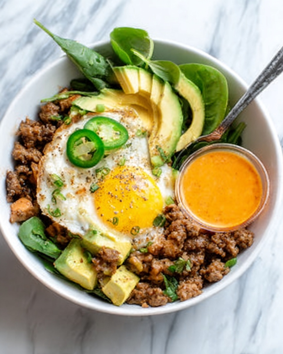 A white bowl on a white marbled surface holds a colorful dish with multiple layers. The base is made of cooked ground meat that looks brown and crumbly. On the left side, there is a sliced avocado with a smooth green texture, and fresh green leaves take up the top right side of the bowl. A fried egg with a bright yellow yolk and white edges sits in the middle on top of the meat, garnished with two slices of green jalapeño and a sprinkle of herbs. There is a small clear container filled with an orange-colored sauce placed inside the bowl near the top right. A spoon with a silver handle rests inside on the right side. The photo was taken with an iphone --ar 4:5 --v 7