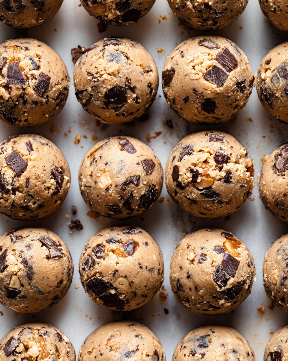 The image shows many round cookie dough balls arranged closely in rows on a white marbled surface. Each ball is light brown with a rough texture, filled with large chunks of dark chocolate and caramel-colored bits scattered evenly throughout. The dough balls have a slightly crumbly surface with some edges showing small cracks, giving them a homemade look. The lighting highlights the mix of colors and textures, making the chocolate and caramel pieces stand out against the dough base. photo taken with an iphone --ar 4:5 --v 7