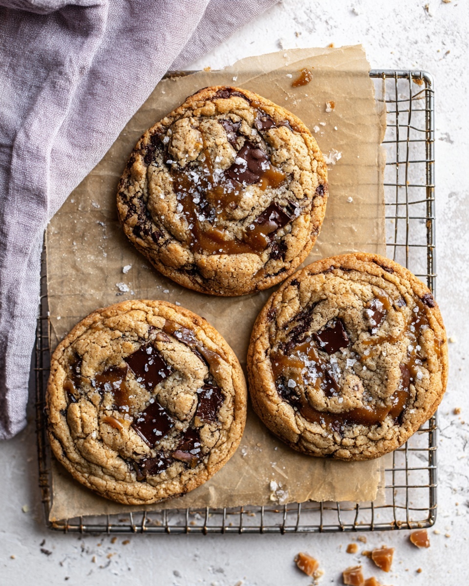 Three large cookies rest on a metal cooling rack lined with parchment paper, placed on a white marbled surface. Each cookie is golden brown with textured edges and visible dark chocolate chunks spread throughout, some melted slightly into the dough. The cookie tops show patches of soft caramel color swirled with darker chocolate areas, sprinkled lightly with coarse sea salt crystals. Small crumbs and bits of caramel pieces are scattered around the rack. A cloth with a soft lavender-gray tone is partially visible near the top left corner. Photo taken with an iphone --ar 4:5 --v 7