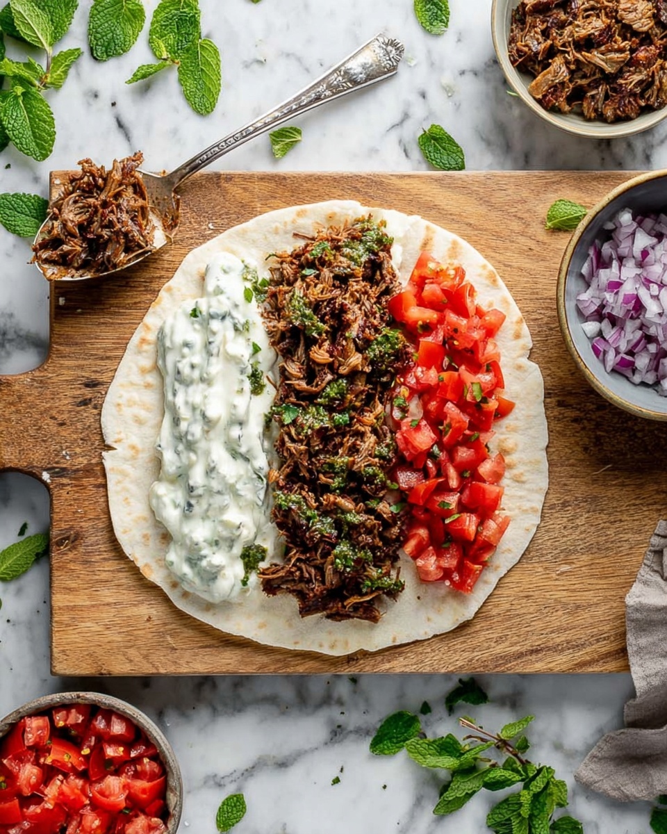 A white flatbread lays open on a wooden board, topped with three clear layers running side by side: a creamy white sauce with visible small green herb bits on the left, shredded dark brown cooked meat in the middle, and bright red diced tomatoes with some purple onion pieces on the right. Around the flatbread, there are bowls containing more diced tomatoes, green herb sauce, and shredded cooked meat. A silver spoon with some cooked meat rests on the wooden board near the top left. The whole scene is set on a white marbled surface with scattered green mint leaves. photo taken with an iphone --ar 4:5 --v 7