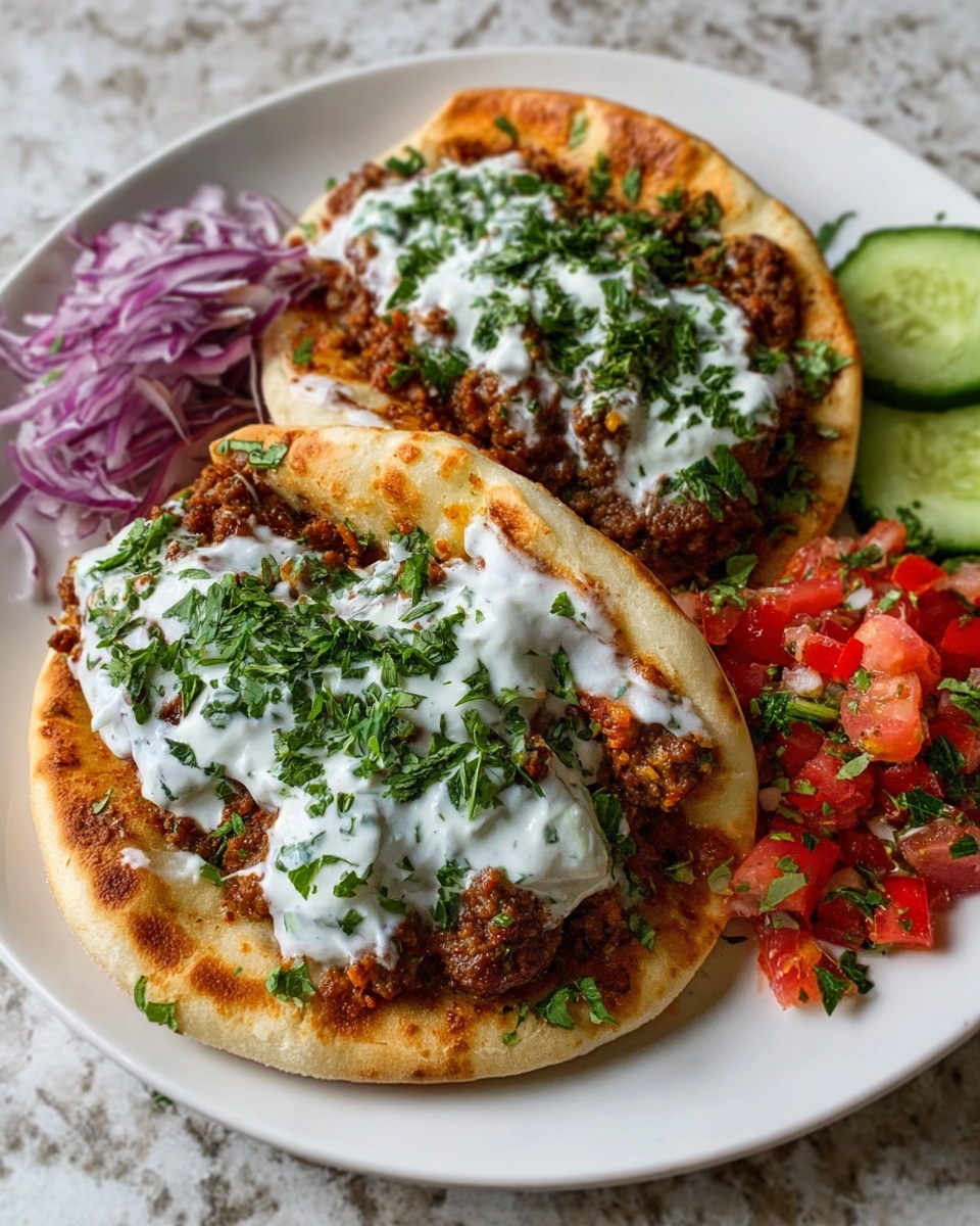 The image shows two pita bread pockets filled with seasoned ground meat, each topped with a thick layer of white yogurt sauce sprinkled with finely chopped green herbs. On the left side of the white plate, there is a small pile of shredded purple onions and fresh green parsley. To the right, there are small diced red tomatoes mixed with herbs, and next to them are thin slices of green cucumber. The dish is placed on a white marbled surface. photo taken with an iphone --ar 4:5 --v 7